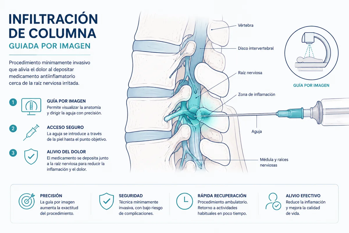 Ilustración de una infiltración de columna guiada por imagen: la aguja deposita el antiinflamatorio junto a la raíz nerviosa inflamada.